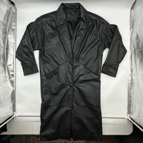 Vintage Jacqueline Ferrar Size Small Black Leather Button Up Long Trench Coat - Picture 1 of 10